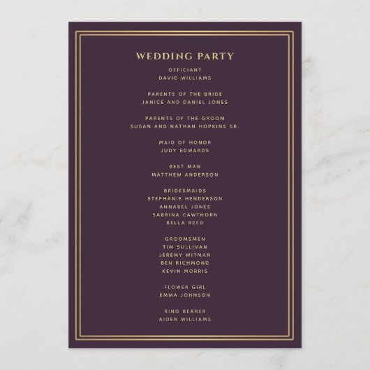 Aubergine Royal Medieval Sword Wedding Program Programma (Achterkant)