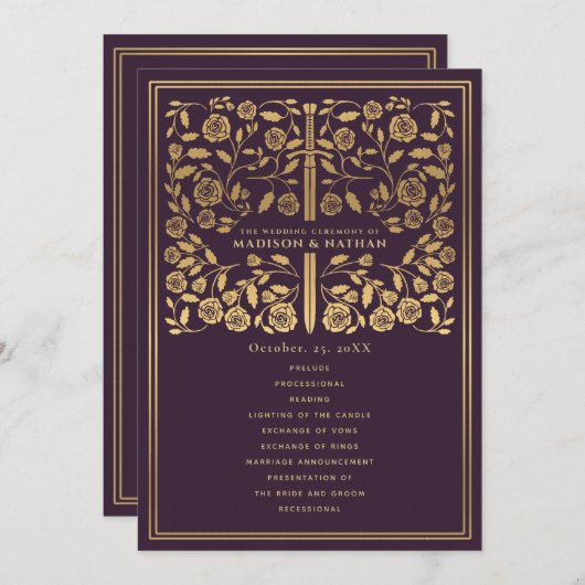 Aubergine Royal Medieval Sword Wedding Program Programma (Voorkant / Achterkant)