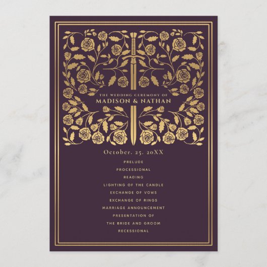 Aubergine Royal Medieval Sword Wedding Program Programma (Voorkant)