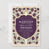 Aubergine Zwaard Schild Fantasy Wedding QR Code Kaart (Voorkant)