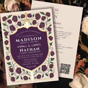 Aubergine Zwaard Schild Fantasy Wedding QR Code Kaart
