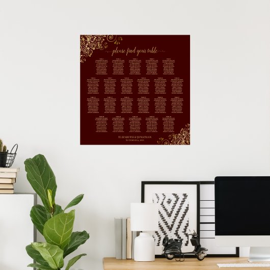 Auburn Brown & Gold Lace 22 Table Seating Chart Poster (Thuiskantoor)