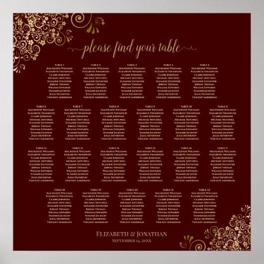 Auburn Brown & Gold Lace 22 Table Seating Chart Poster (Voorkant)