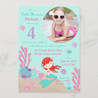 Auburn Mermaid Fourth Birthday Invitation Kaart