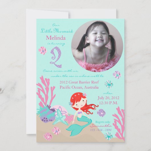 Auburn Mermaid Second Birthday Kaart (Voorkant)