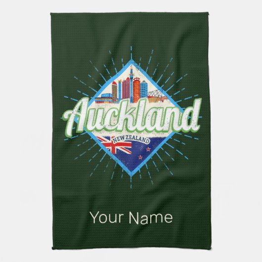 Auckland New Zealand retro skyline  Theedoek (Verticaal)