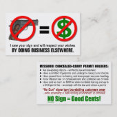 "Aucunes armes à feu carte de visite de CCW du (Devant / Derrière)