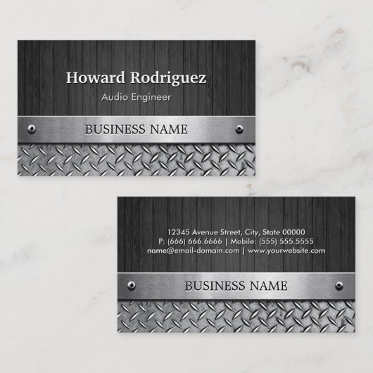 Audio engineer - hout en metaal look visitekaartje (Voorkant / Achterkant)