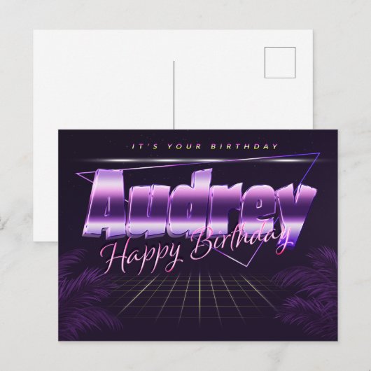 Audrey Name Vorname lila Postkarte Geburtstag Briefkaart (Voorkant / Achterkant)