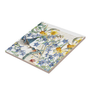 Audubon Bluebird Birds Narcissus Flowers Tile Tegeltje