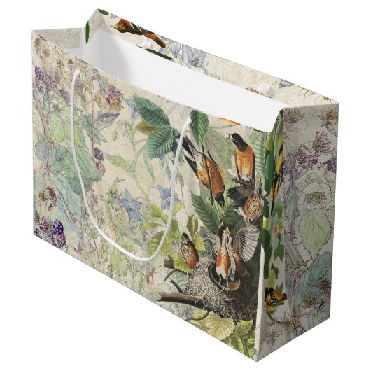 Audubon Oriole & Robin Birds Wildblods Gift Bag Groot Cadeauzakje (Voorkant Gekanteld)