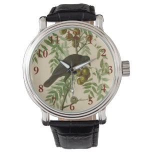 Audubon Purple Grackle Vogelprint Vintage Botanisc Horloge