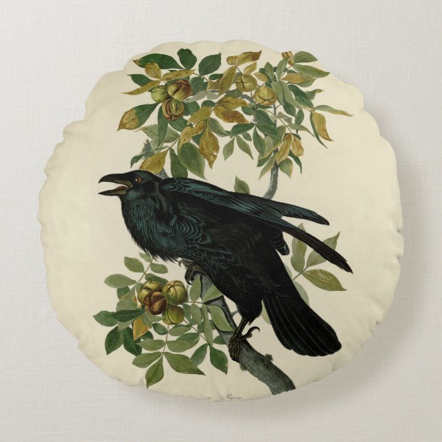 Audubon Raven Bird Classic Artwork Rond Kussen (Voorkant)