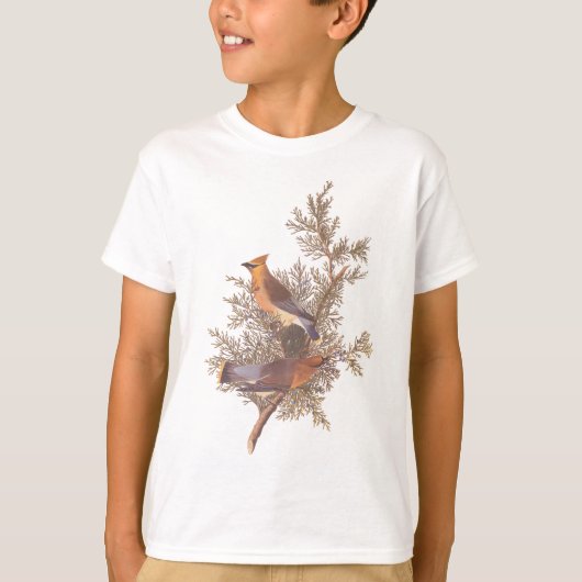 Audubon's Cedar Waxwing Bird Pair op Juniper Tree T-shirt (Voorkant)