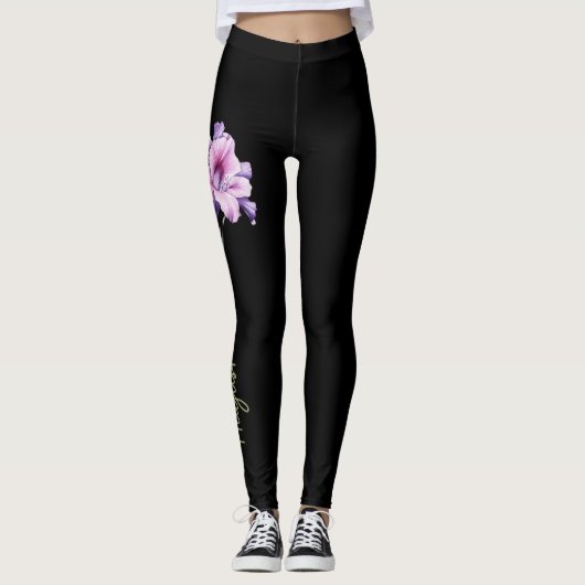 August Geboortebloem, Paarse Gladiolus op Zwart Leggings (Voorkant)