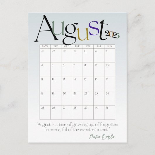 August Grey Moderne Maandkalender 2025 Briefkaart (Voorkant)