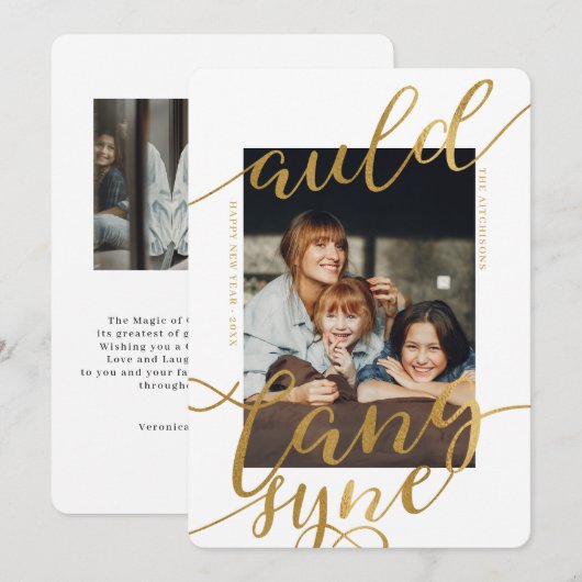 Auld Lang Syne | Carte photo à calligraphie dorée (Devant / Derrière)