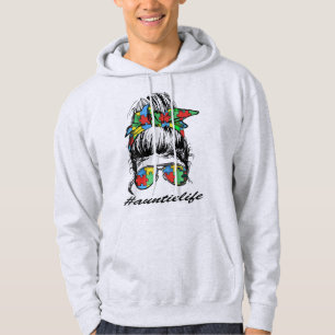 Auntie Life Autism Awareness Messy Bun Girl Hoodie