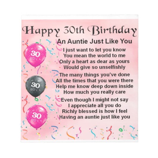 Auntie Poem 30th Birthday Notitieblok (Voorkant)