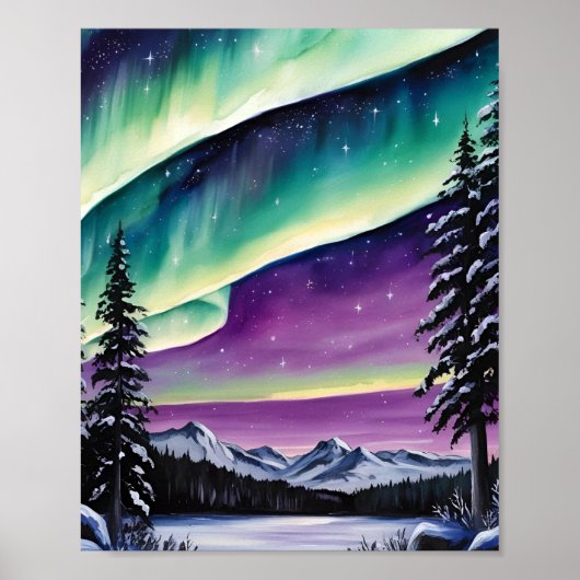 Aurora Borealis boven besneeuwd bos, dennen, lands Poster (Voorkant)