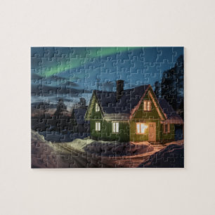 Aurora borealis boven winterhut legpuzzel