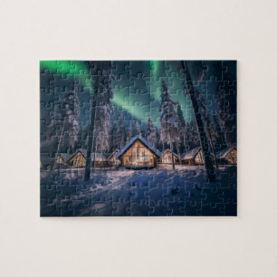 Aurora borealis boven winterhut legpuzzel