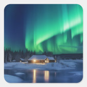 Aurora borealis boven winterhut vierkante sticker (Voorkant)