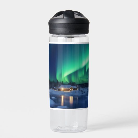 Aurora borealis boven winterhut waterfles (Voorkant)