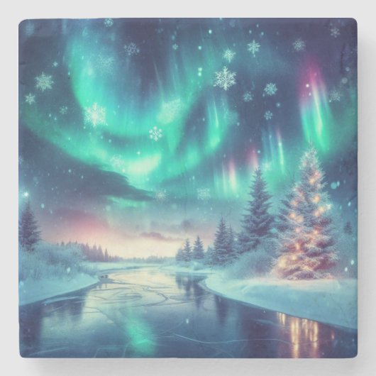 Aurora borealis/Kerstmis/Winter Stenen Onderzetter (Voorkant)
