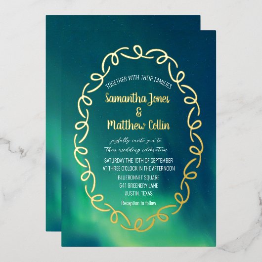 Aurora Borealis Noorderlicht Gold Folie Wedding Folie Uitnodiging (Voorkant / Achterkant)