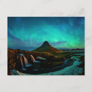 Aurora Borealis op Kirkjufall Mountain in IJsland Briefkaart