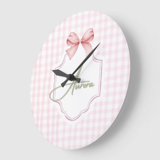 Aurora Gepersonaliseerde Roze Bow & Gingham Print Grote Klok (Hoek)