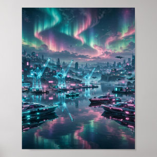 Aurora Haven — Cyberpunk Kuststad Kunst Poster