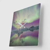 Aurora Lights Reflect Lagoon | Iceland Vierkante Klok (Hoek)