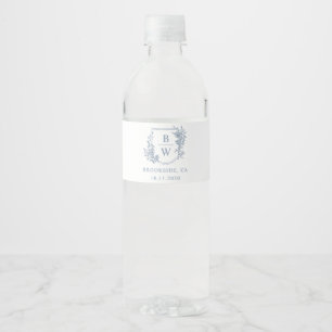 [AURORA]  stoffige blauwe kam monogram bruiloft Waterfles Etiket
