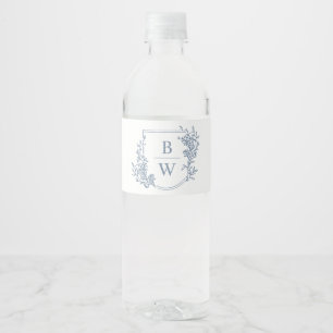 [AURORA]  stoffige blauwe kam monogram bruiloft Waterfles Etiket