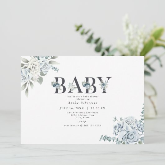 AUSHA Dusty Blue Boy Baby shower Uitnodiging (Staand voorkant)