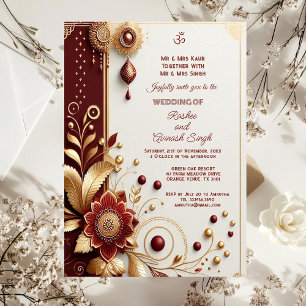 Auspicious Gold Maroon Floral Motieven Indiaas Kaart