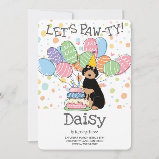 Aussiedoodle noir Tan Invitation de fête d'anniver (Devant)