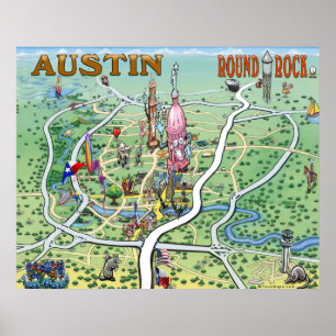Austin Round Rock, Texas Fun Map Poster