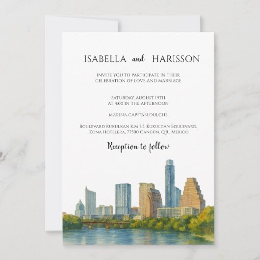 Austin Skyline Destination Wedding Invitation Kaart (Voorkant)
