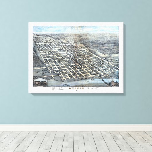 Austin, Texas Antiek Luchtfoto Stadsplattegrond va Canvas Afdruk (Insitu (Houten vloer))