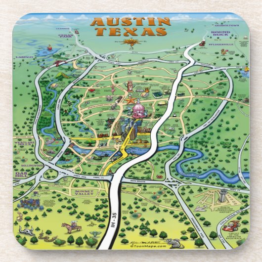 Austin Texas Cartoon Map Bier Onderzetter (Voorkant)