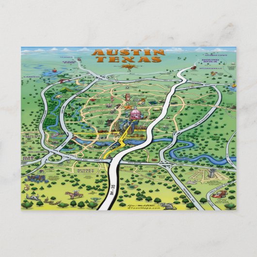 Austin Texas Cartoon Map Briefkaart (Voorkant)