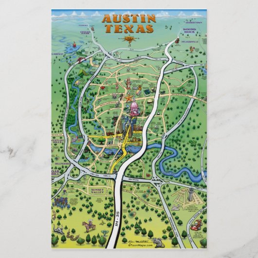 Austin Texas Cartoon Map Briefpapier (Voorkant)
