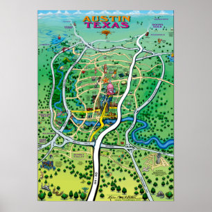Austin Texas Cartoon Map Poster