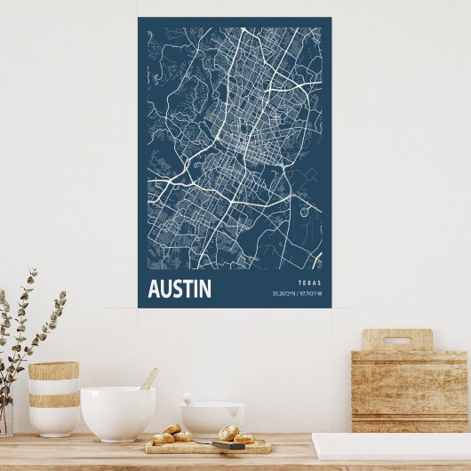 Austin Texas City Map Line Art Blue Print (Keuken)