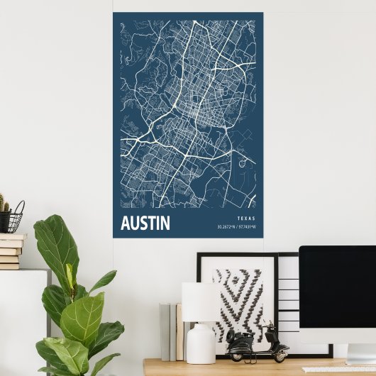Austin Texas City Map Line Art Blue Print (Thuiskantoor)