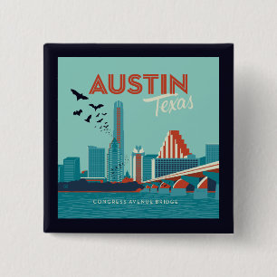 Austin, Texas   Congress Avenue Bridge Vierkante Button 5,1 Cm