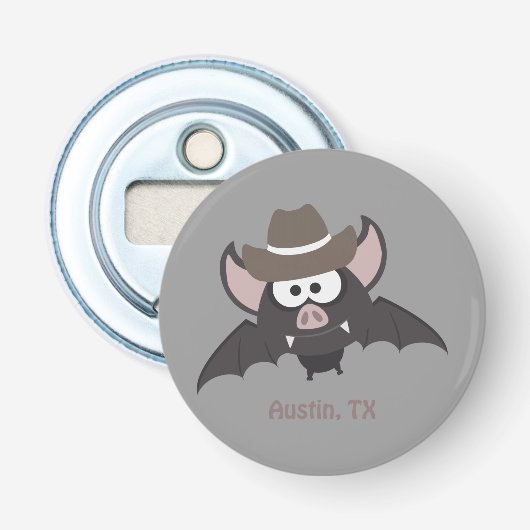 Austin Texas Cute Cartoon Cowboy Bat Button Flesopener (Voorkant)